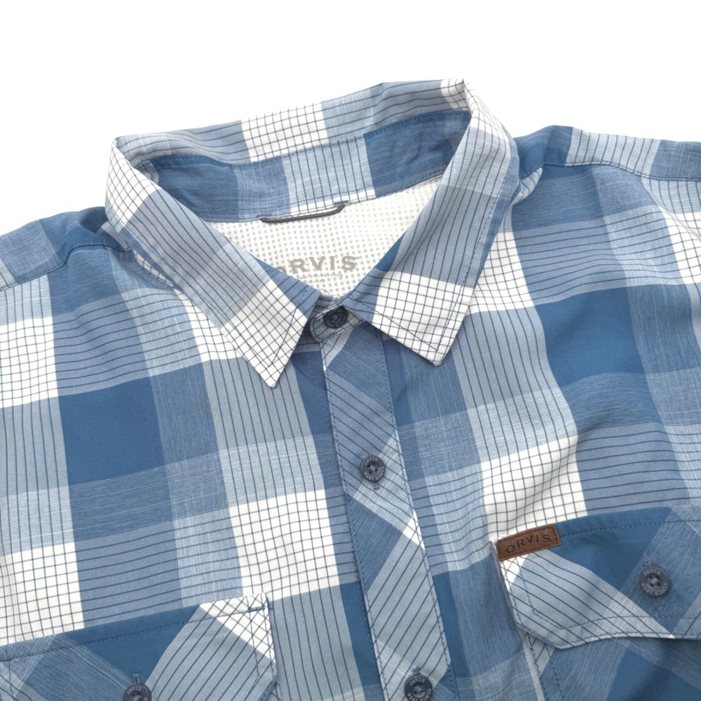 Orvis Button Down Shirt XXL Blue Plaid Short Sleeve Mesh Lined Outdoor Utility